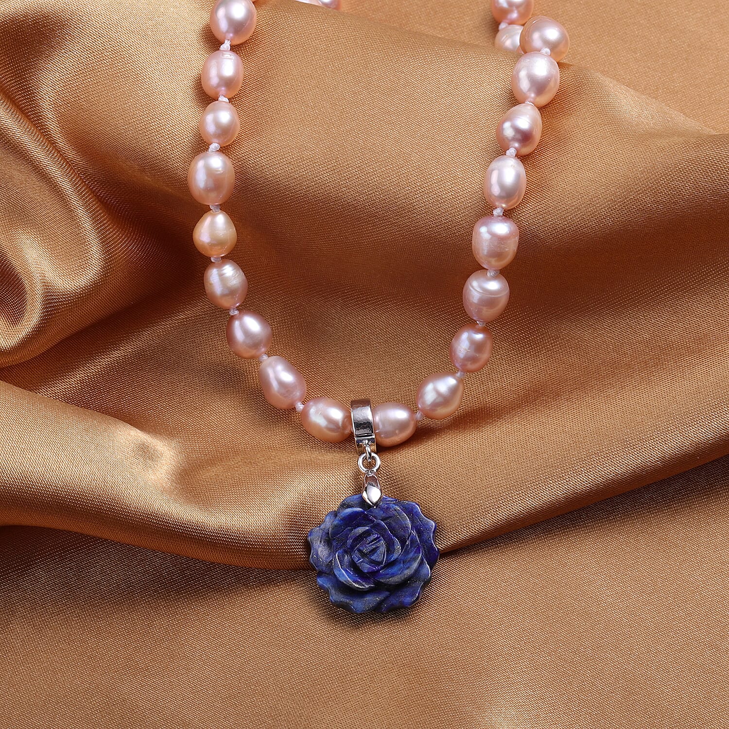 15.50 ctw Lapis Lazuli and Freshwater Purple Pearl Necklace 18-20 Inch and Enhancer Bail in Stainless Steel & Silvertone