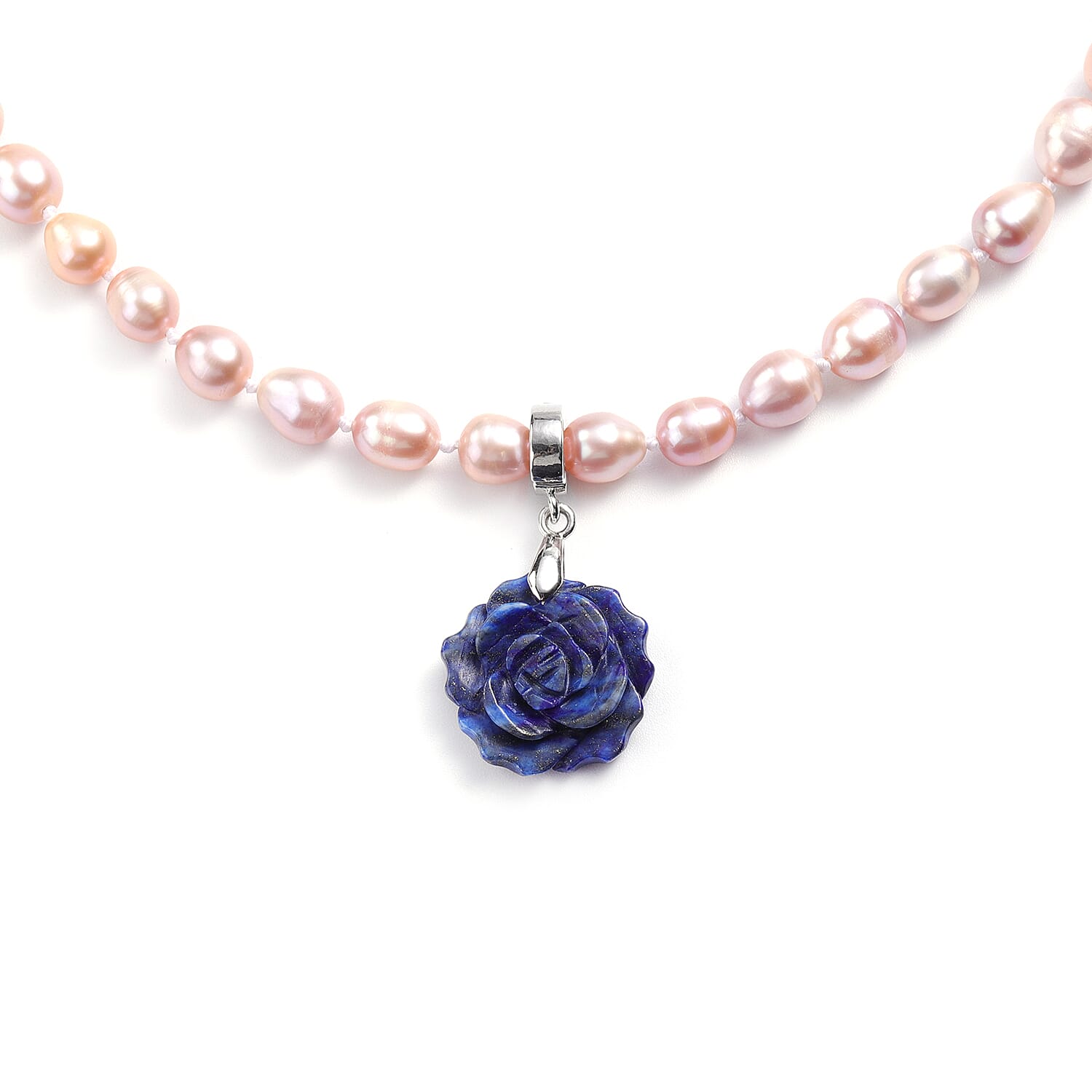 15.50 ctw Lapis Lazuli and Freshwater Purple Pearl Necklace 18-20 Inch and Enhancer Bail in Stainless Steel & Silvertone