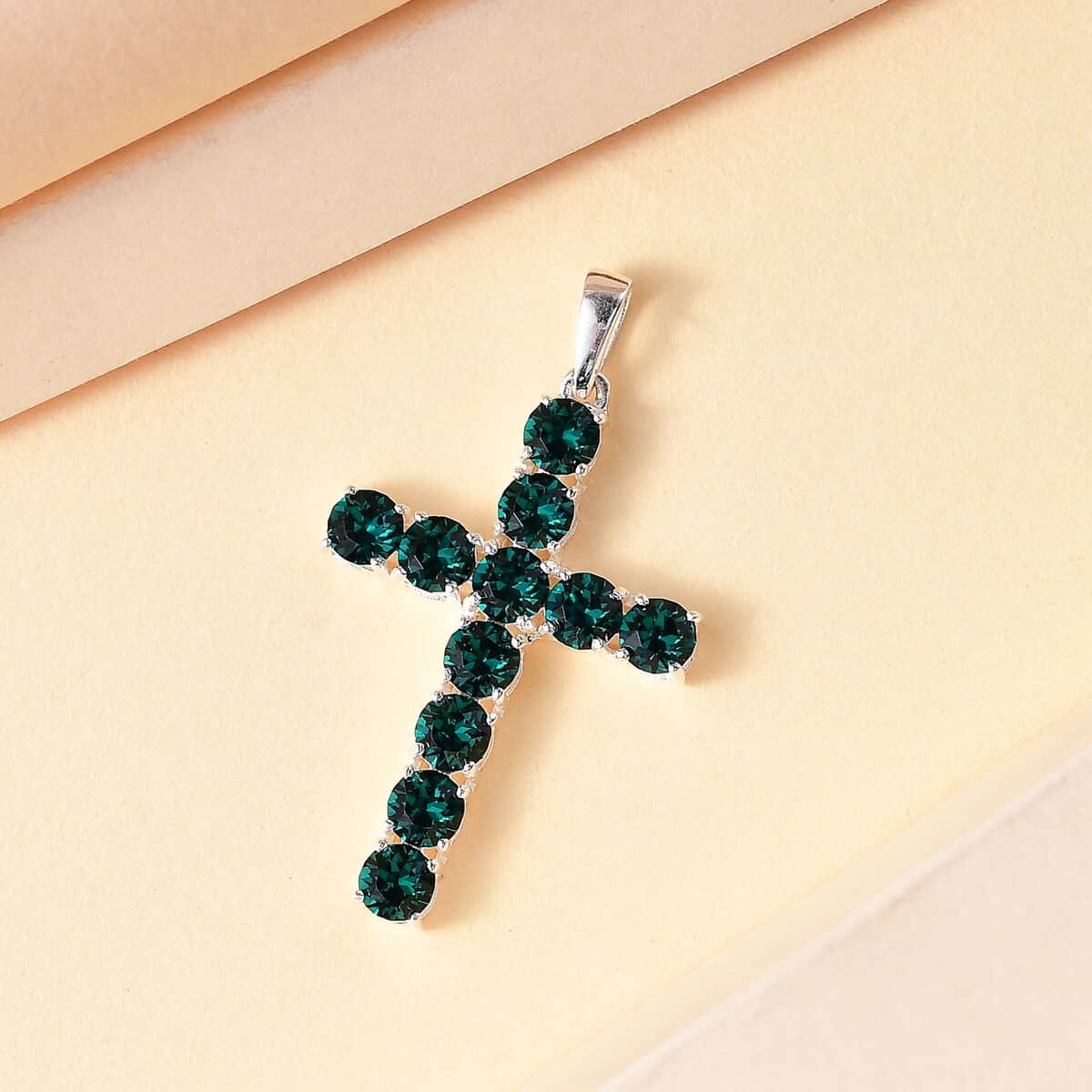 J Francis Embellished with Emerald Color Crystal by Swarovski Cross Pendant in Sterling Silver image number 1