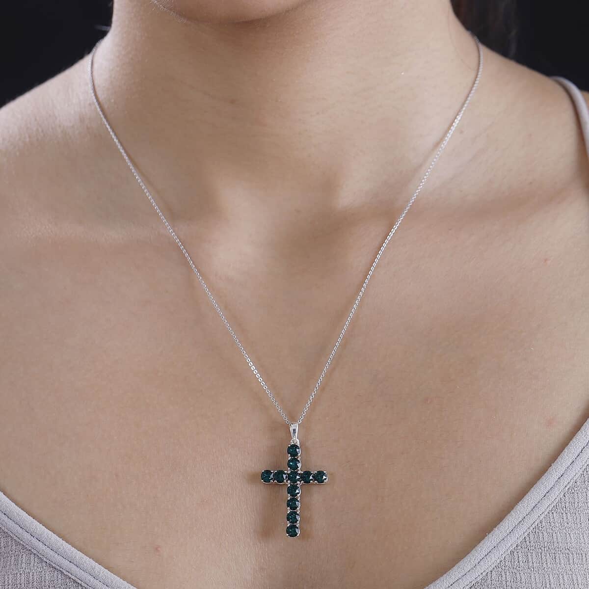 J Francis Embellished with Emerald Color Crystal by Swarovski Cross Pendant in Sterling Silver image number 2