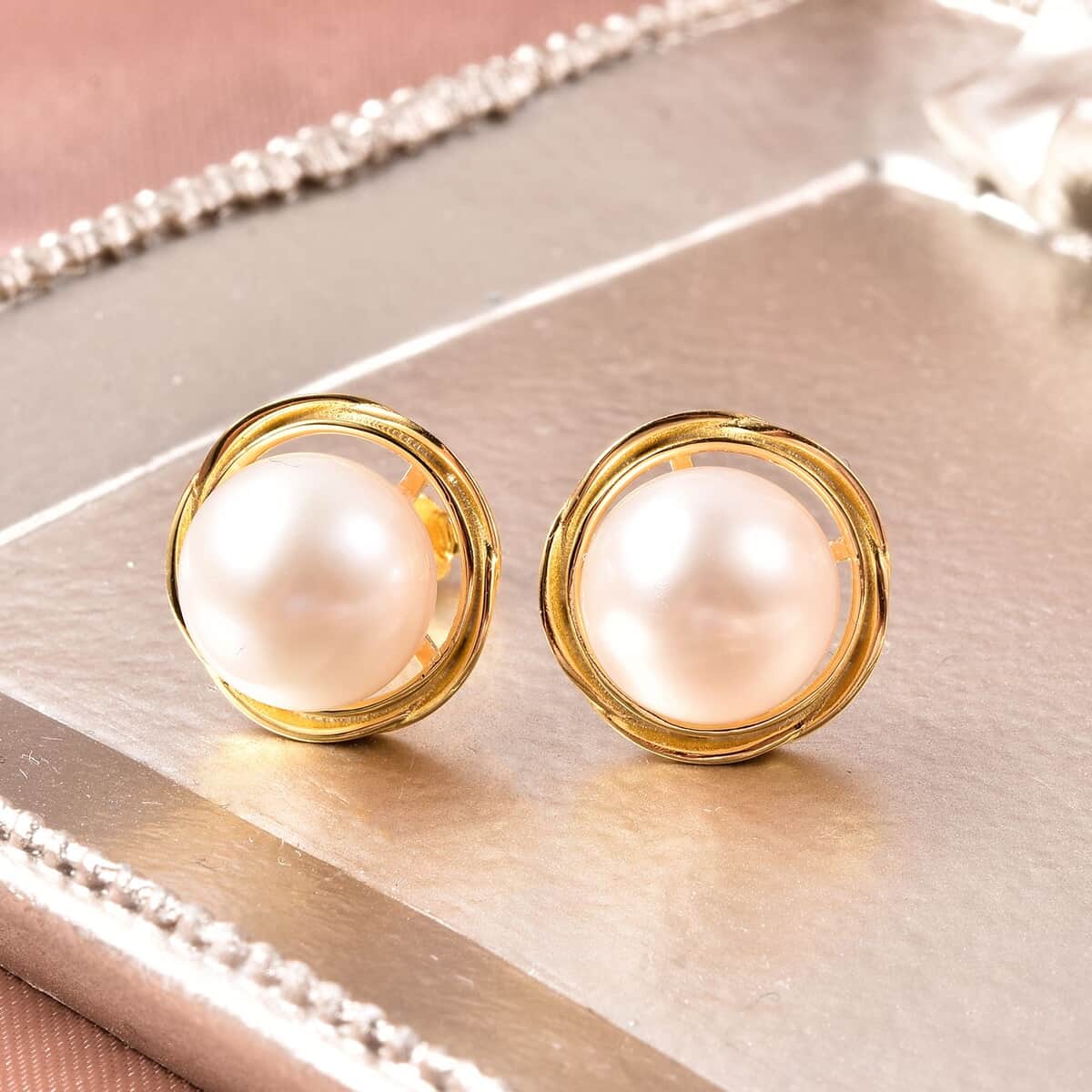 White Freshwater Pearl Stud Earrings in 14K Yellow Gold Over Sterling Silver image number 1