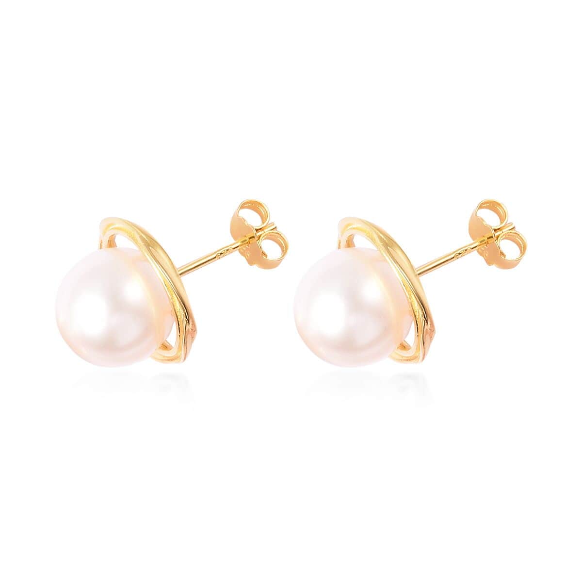 White Freshwater Pearl Stud Earrings in 14K Yellow Gold Over Sterling Silver image number 3