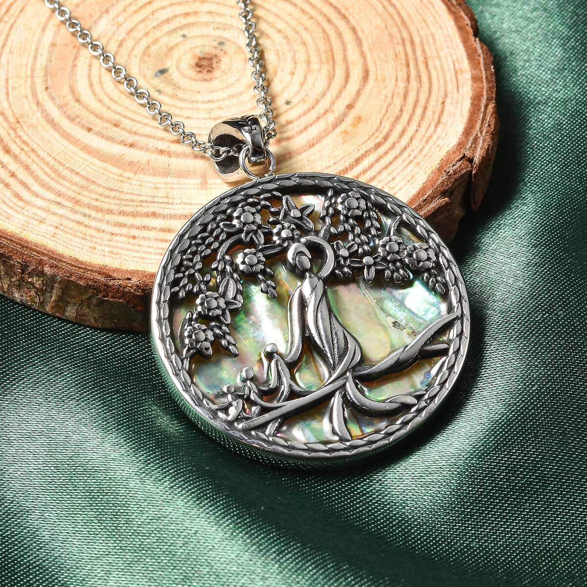 Abalone Shell Mother Playing with Her Children Pendant Necklace 20 Inches in Black Oxidized Stainless Steel image number 1