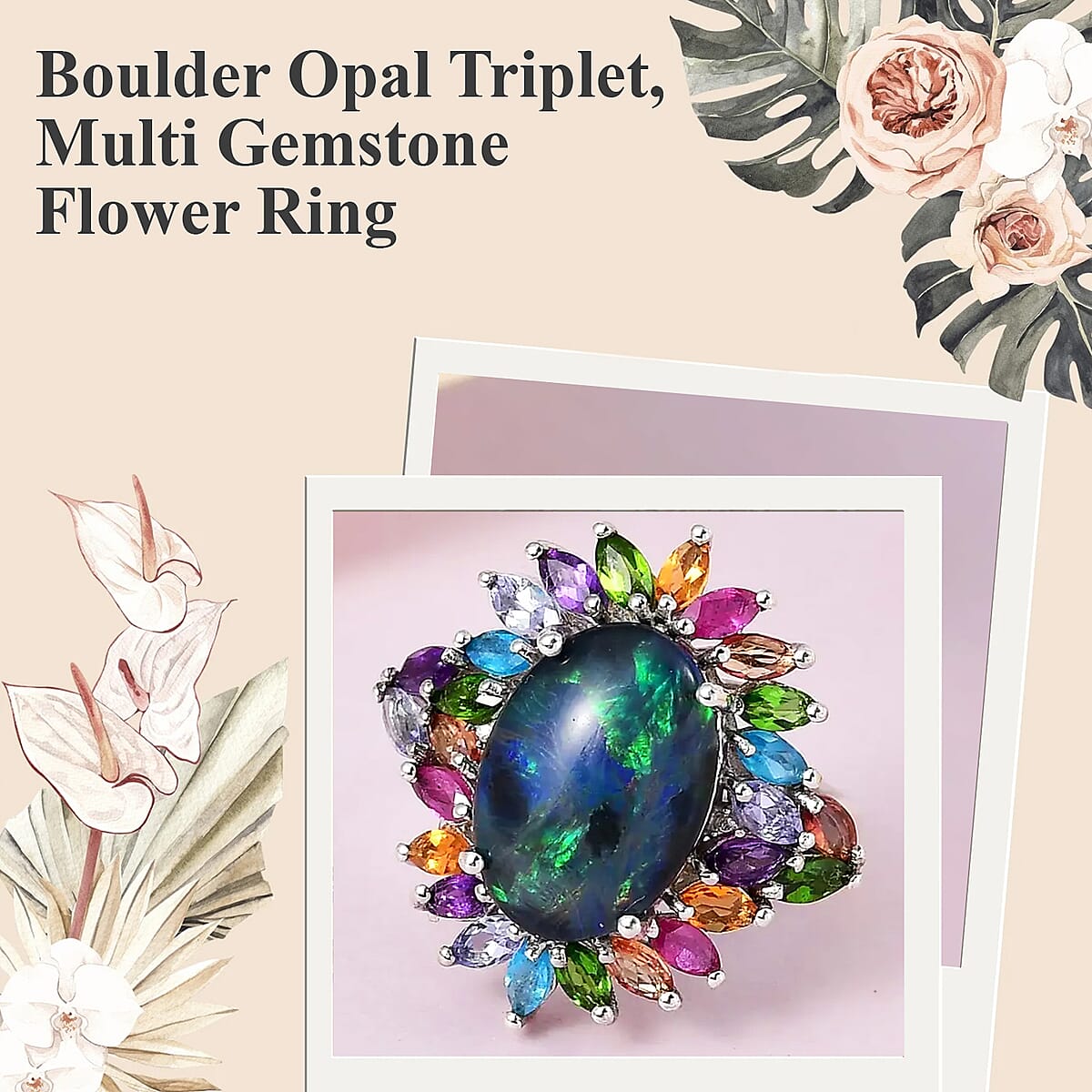 Boulder Opal Triplet, Multi Gemstone Flower Ring in Platinum Over Sterling Silver, Statement Rings For Women (Size 10.0) 5.65 ctw image number 1