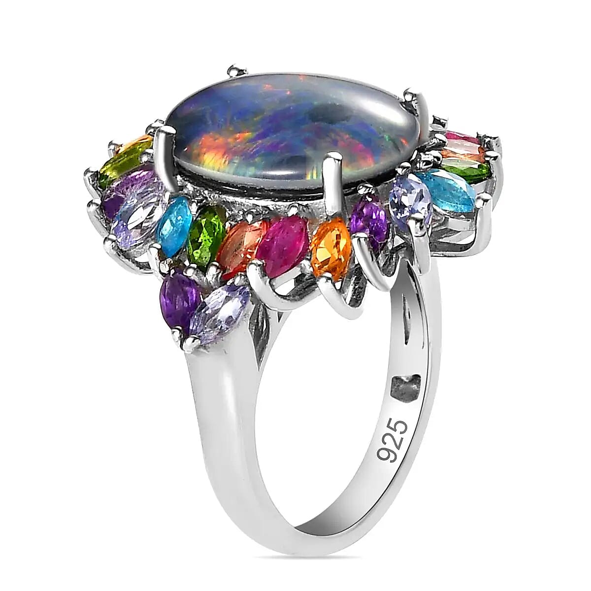 Boulder Opal Triplet, Multi Gemstone Flower Ring in Platinum Over Sterling Silver, Statement Rings For Women (Size 10.0) 5.65 ctw image number 4