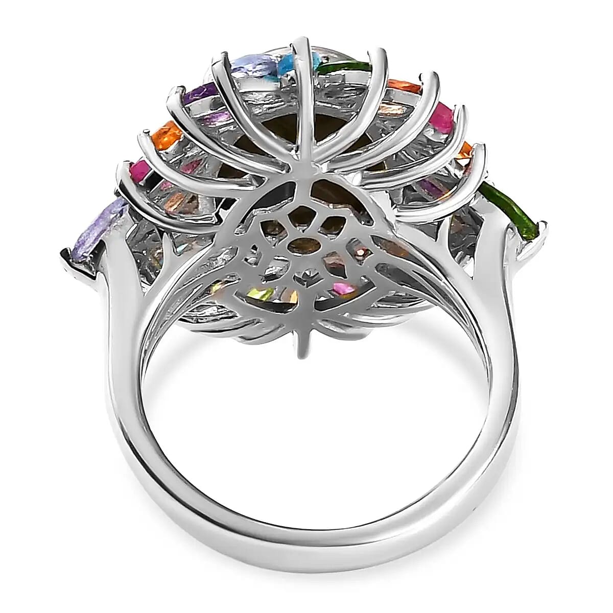 Boulder Opal Triplet, Multi Gemstone Flower Ring in Platinum Over Sterling Silver, Statement Rings For Women (Size 10.0) 5.65 ctw image number 5
