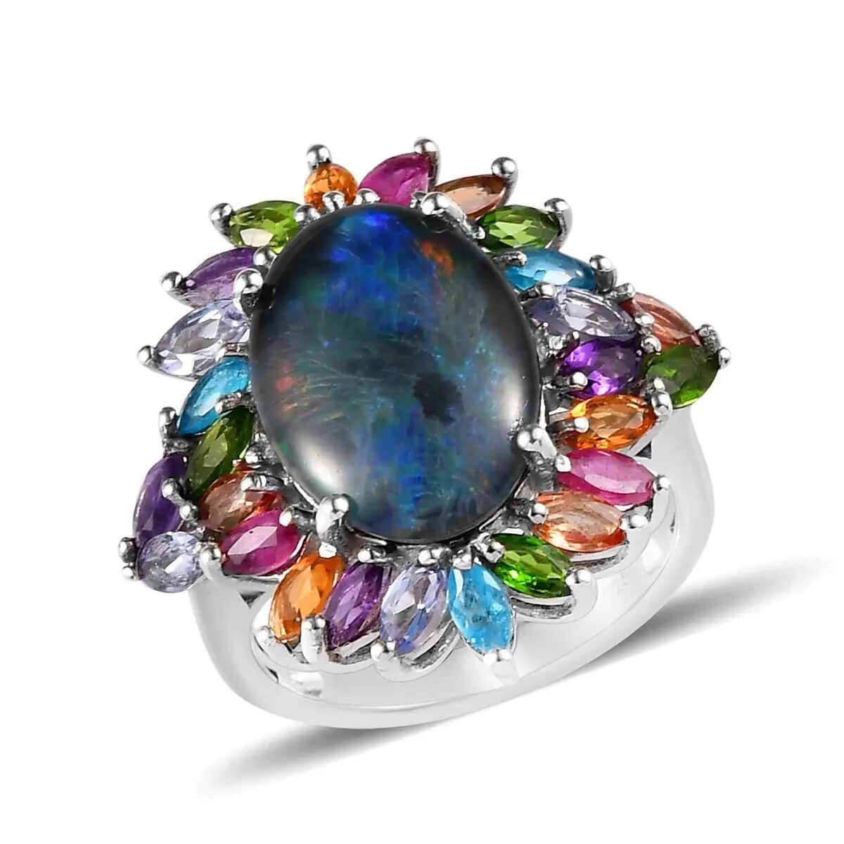 Boulder Opal Triplet, Multi Gemstone Flower Ring in Platinum Over Sterling Silver, Statement Rings For Women (Size 11.0) 5.65 ctw image number 0