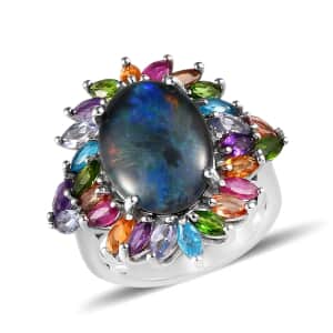 Boulder Opal Triplet, Multi Gemstone Flower Ring in Platinum Over Sterling Silver, Statement Rings For Women (Size 11.0) 5.65 ctw