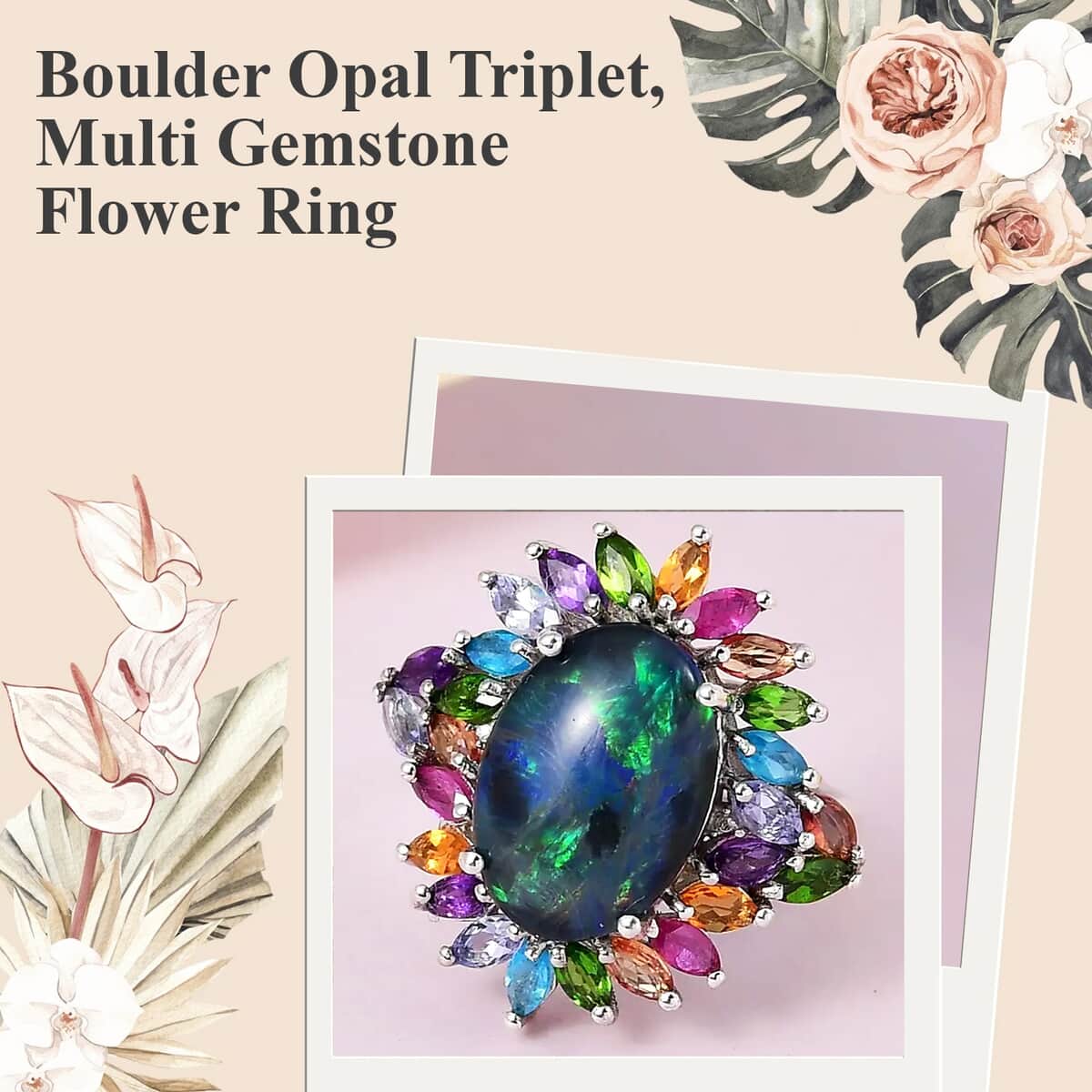 Boulder Opal Triplet, Multi Gemstone 5.65 ctw Flower Ring in Platinum Over Sterling Silver, Statement Rings For Women (Size 11.0) image number 1
