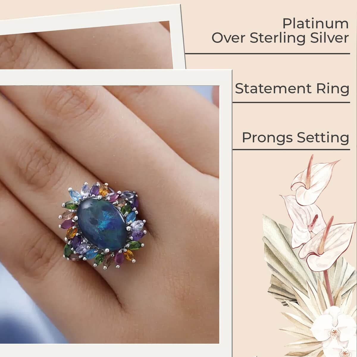 Boulder Opal Triplet, Multi Gemstone Flower Ring in Platinum Over Sterling Silver, Statement Rings For Women (Size 11.0) 5.65 ctw image number 2