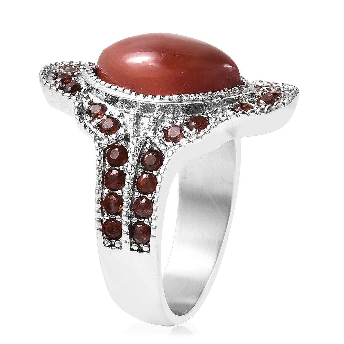 Enhanced Red Agate and Mozabique Garnet Ring in Stainless Steel (Size 9.0) 19.85 ctw image number 2