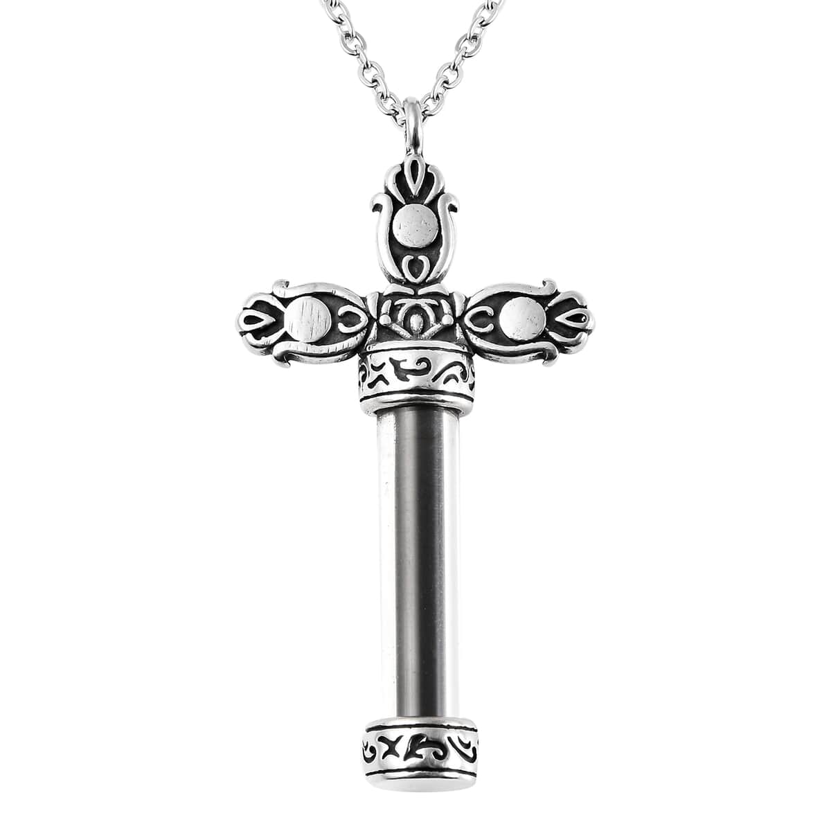 Shungite and Austrian Crystal, Glass Cross Bottle Necklace 20 Inches in Stainless Steel 5.00 ctw image number 0