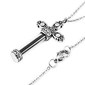 Shungite 5.00 ctw and Austrian Crystal, Glass Cross Bottle Necklace 20 Inches in Stainless Steel
