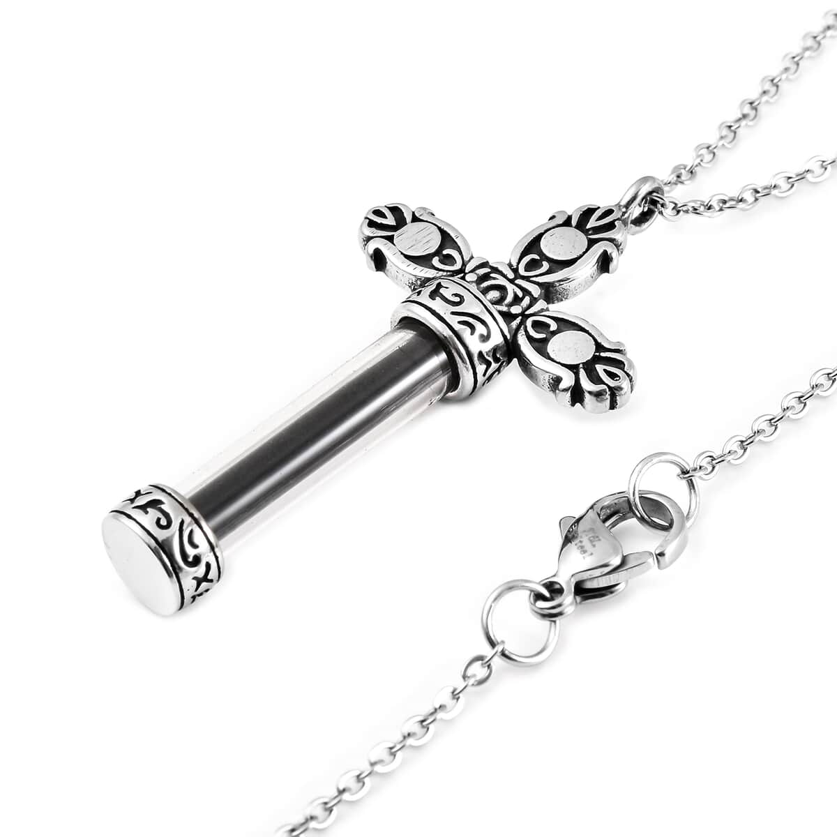 Shungite and Austrian Crystal, Glass Cross Bottle Necklace 20 Inches in Stainless Steel 5.00 ctw image number 3