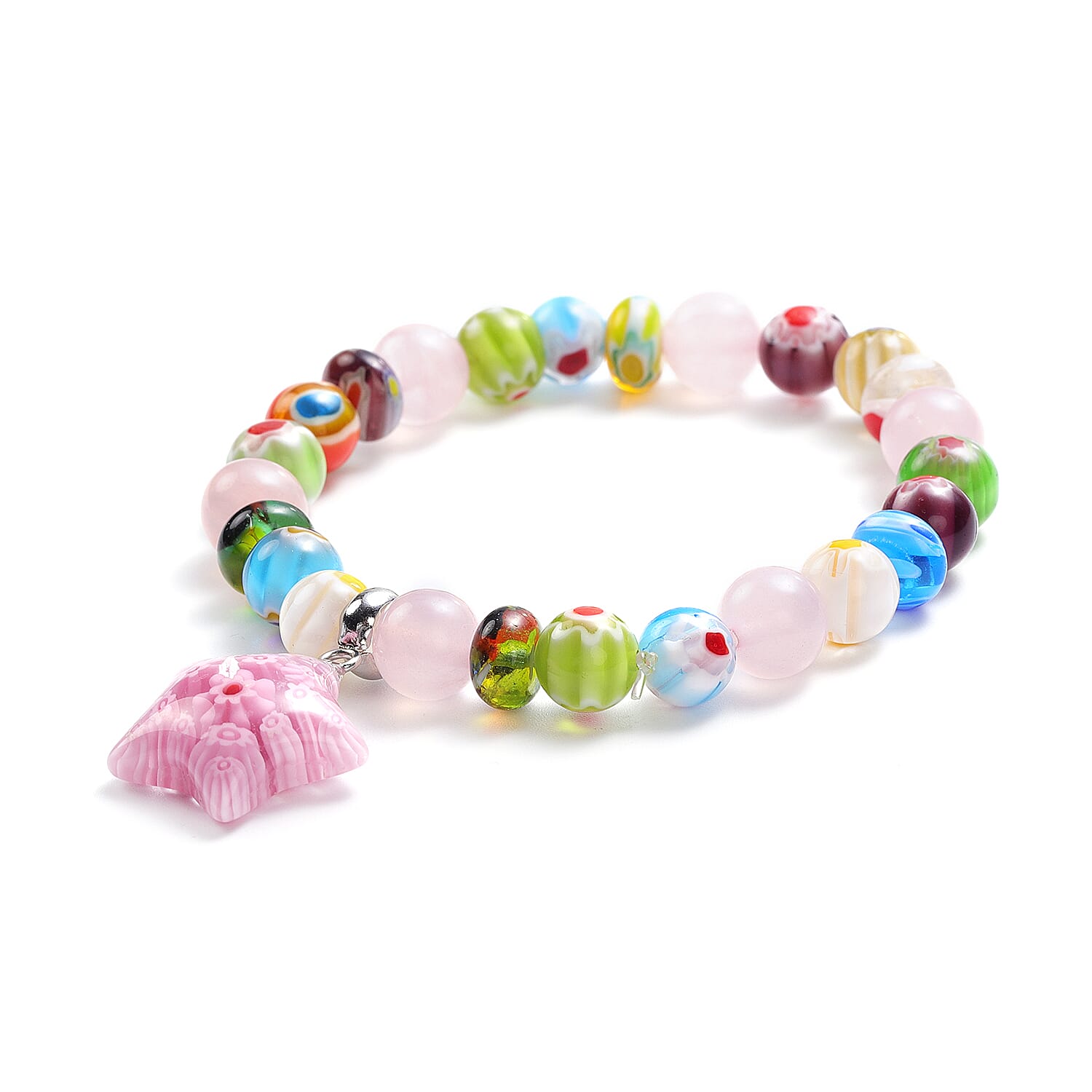 Galilea Rose Quartz and Multi Color Murano Style Stretch Bracelet and Pendant Necklace 20.00 Inches in Stainless Steel 20.00 Inches 20.00 ctw