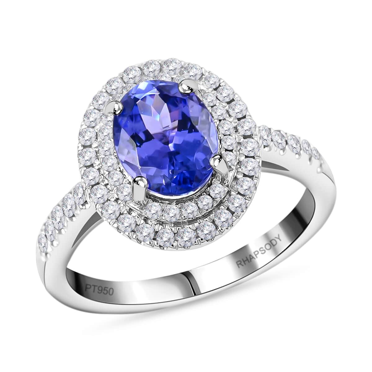 Rhapsody 950 Platinum AAAA Tanzanite and E-F VS Diamond Double Halo Ring (Size 6.0) 7.23 Grams 2.10 ctw  image number 0