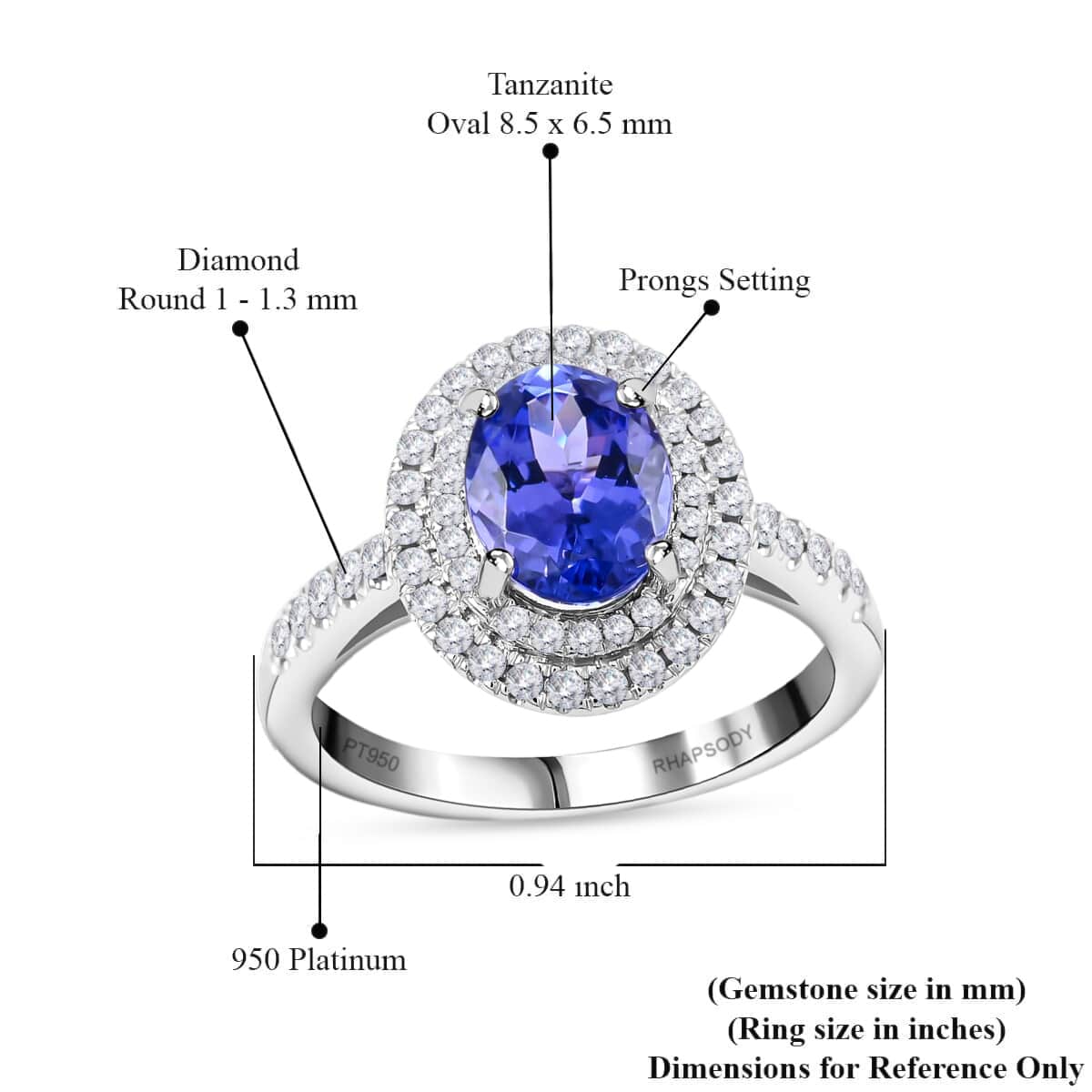 Rhapsody 950 Platinum AAAA Tanzanite and E-F VS Diamond Double Halo Ring (Size 6.0) 7.23 Grams 2.10 ctw  image number 3