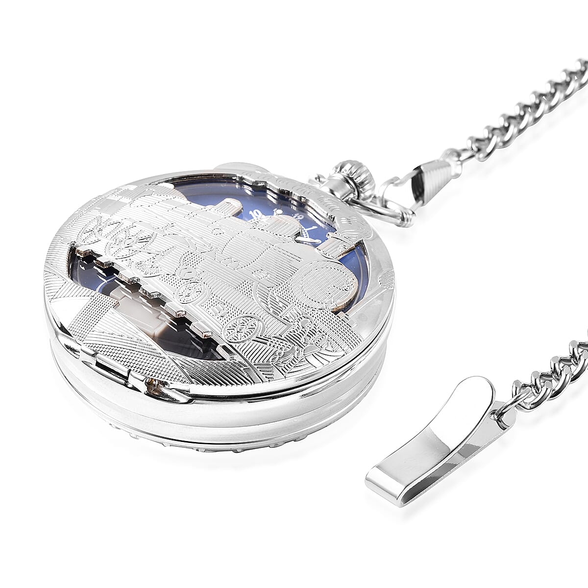 Genoa Miyota Japanese Movement Train Pattern Music Pocket Watch with Chain (14 in) in Silvertone image number 1