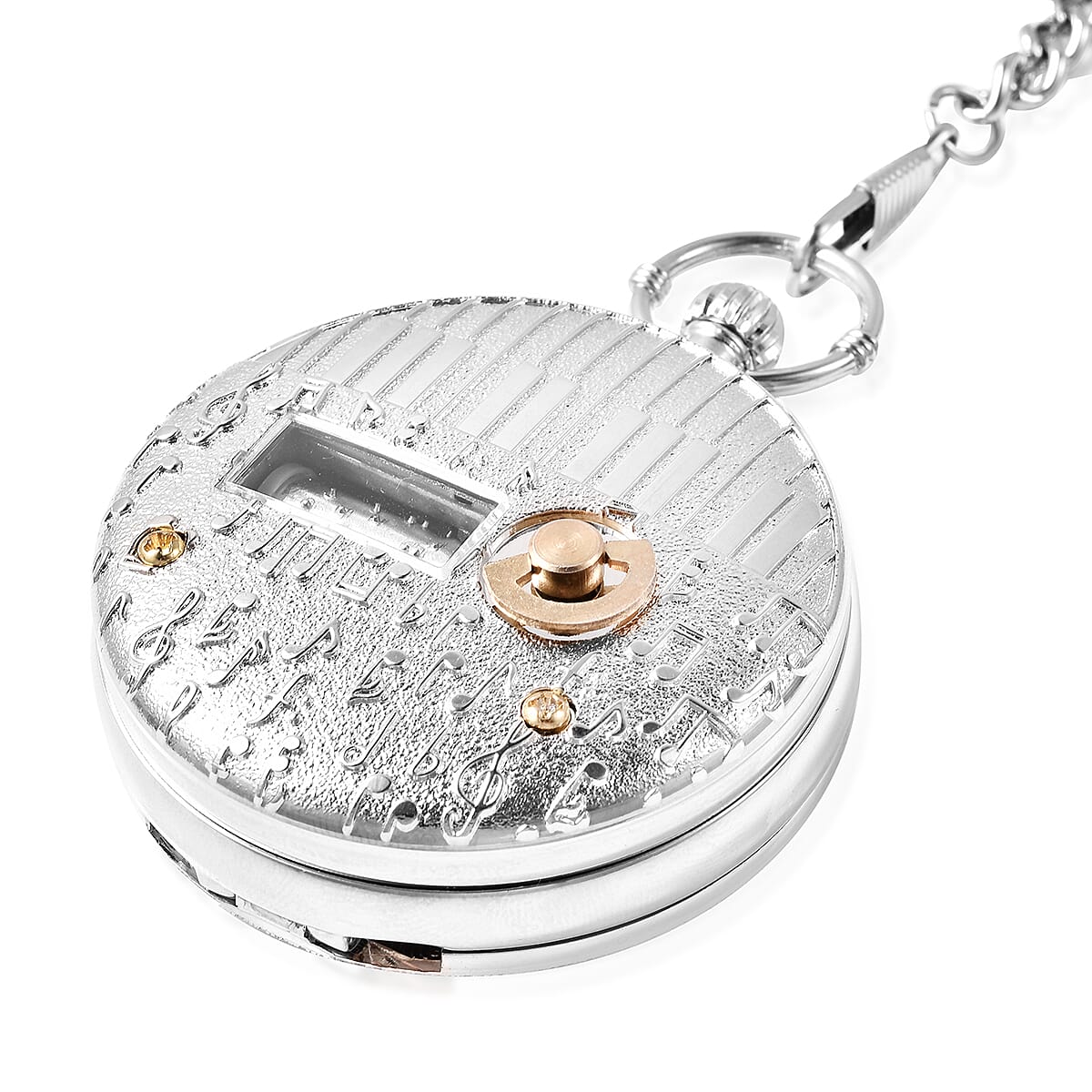 Genoa Miyota Japanese Movement Train Pattern Music Pocket Watch with Chain (14 in) in Silvertone image number 2