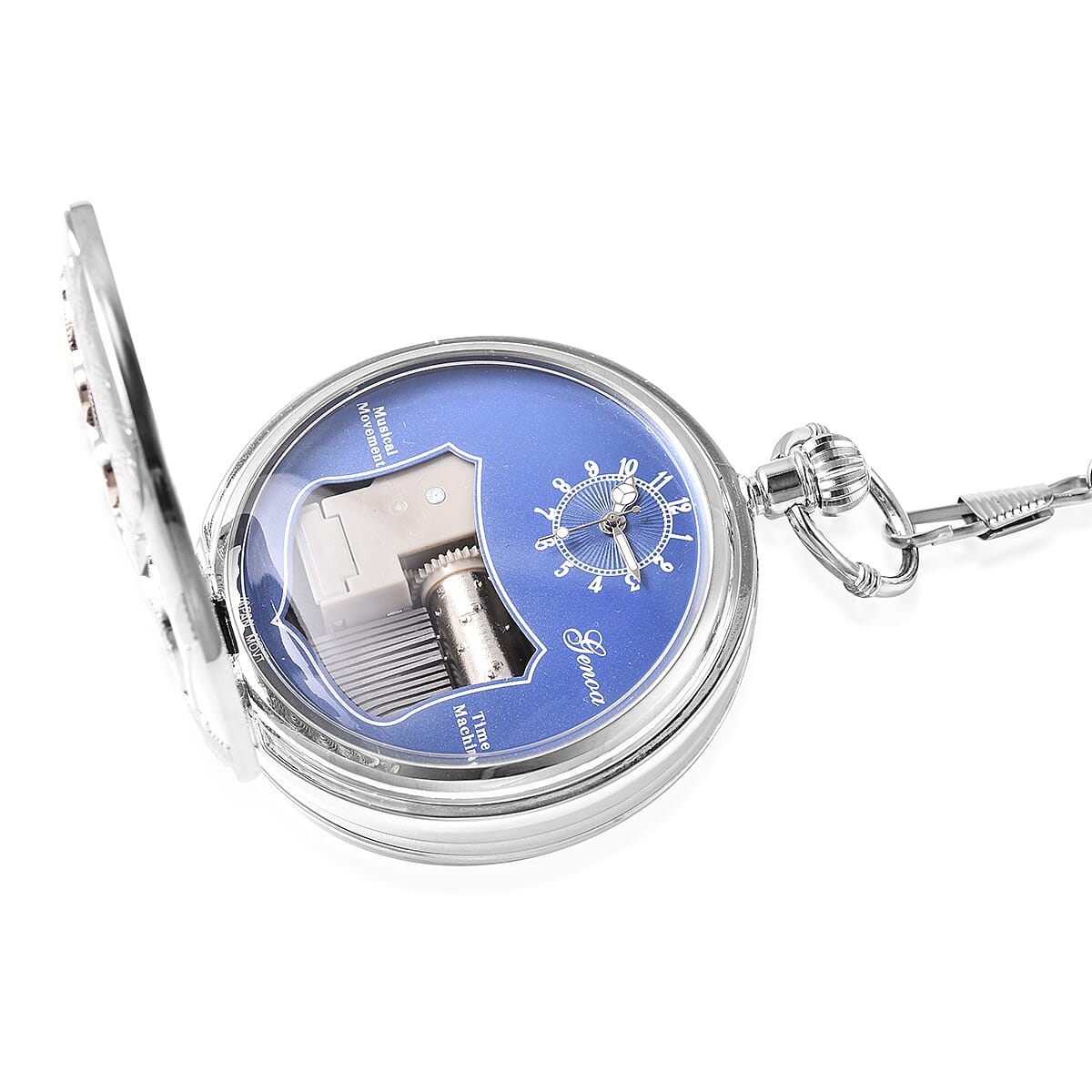 Genoa Miyota Japanese Movement Train Pattern Music Pocket Watch with Chain (14 in) in Silvertone image number 3