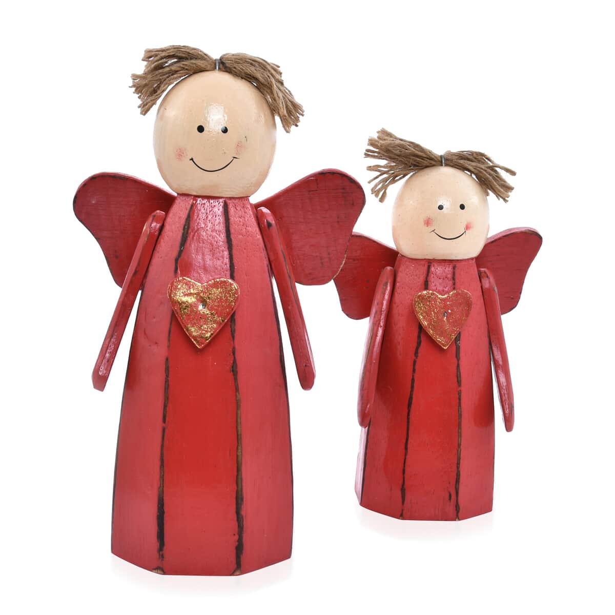 Red Handcrafted Set of 2 Wooden Christmas Standing Angel Dolls with Wings (7.87x5.31x3.14) image number 1