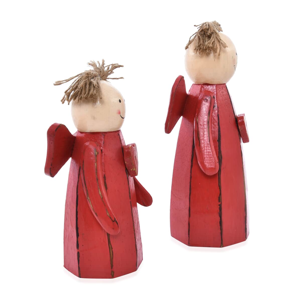 Red Handcrafted Set of 2 Wooden Christmas Standing Angel Dolls with Wings (7.87x5.31x3.14) image number 2