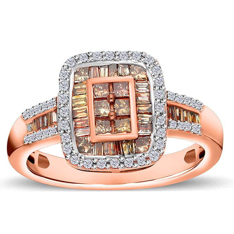 Natural Champagne and White Diamond Ring in Platinum & Vermeil Rose Gold Over Sterling Silver (Size 10.0) 1.00 ctw