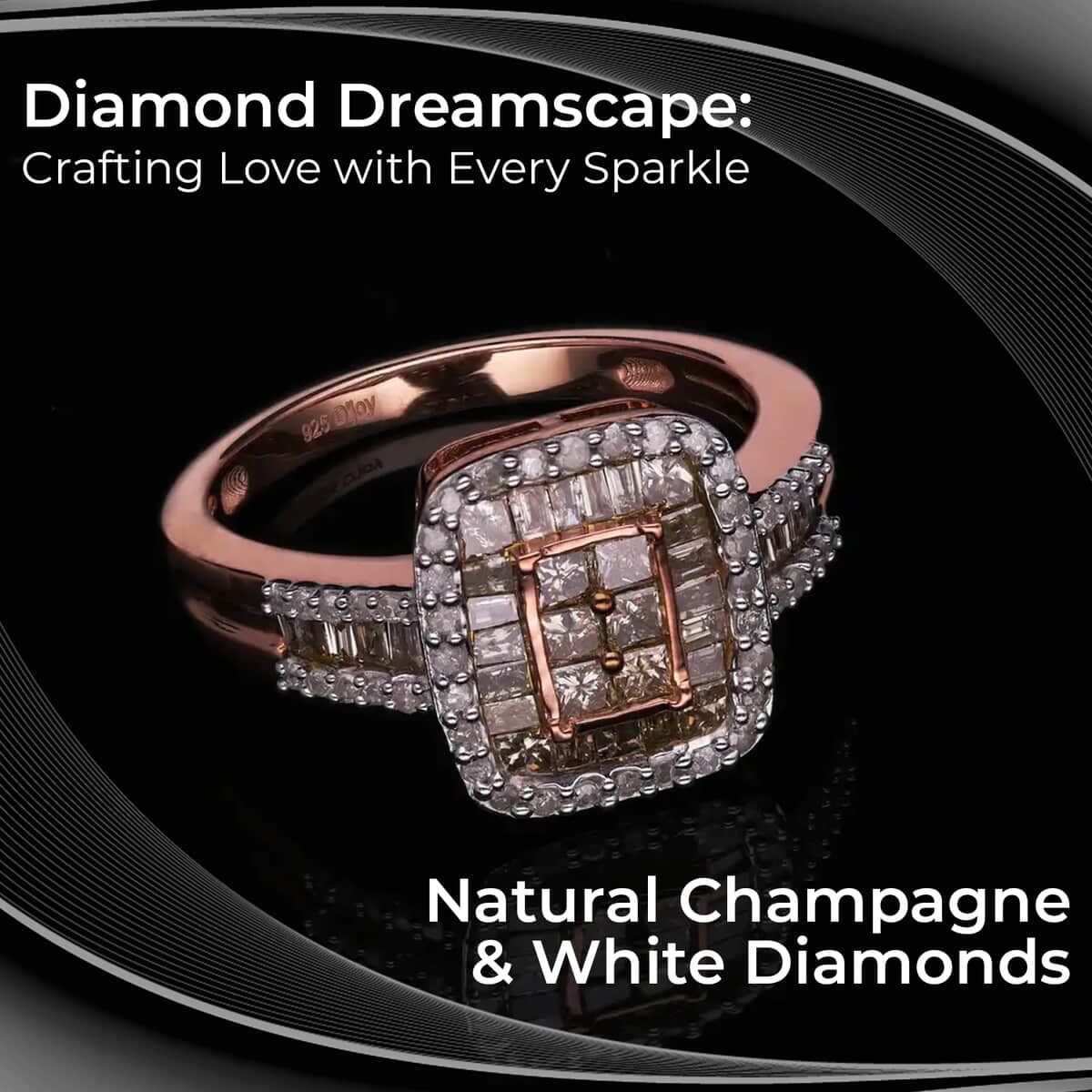 Natural Champagne and White Ring in Platinum and Vermeil Rose Gold Over Sterling Silver 1.00 ctw image number 1
