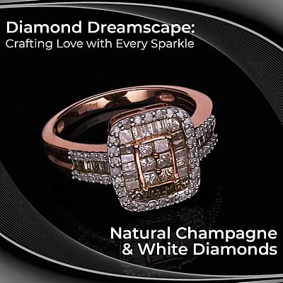 Natural Champagne and White Diamond Ring in Platinum & Vermeil Rose Gold Over Sterling Silver (Size 10.0) 1.00 ctw