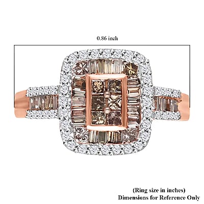 Natural Champagne and White Diamond Ring in Platinum & Vermeil Rose Gold Over Sterling Silver (Size 10.0) 1.00 ctw