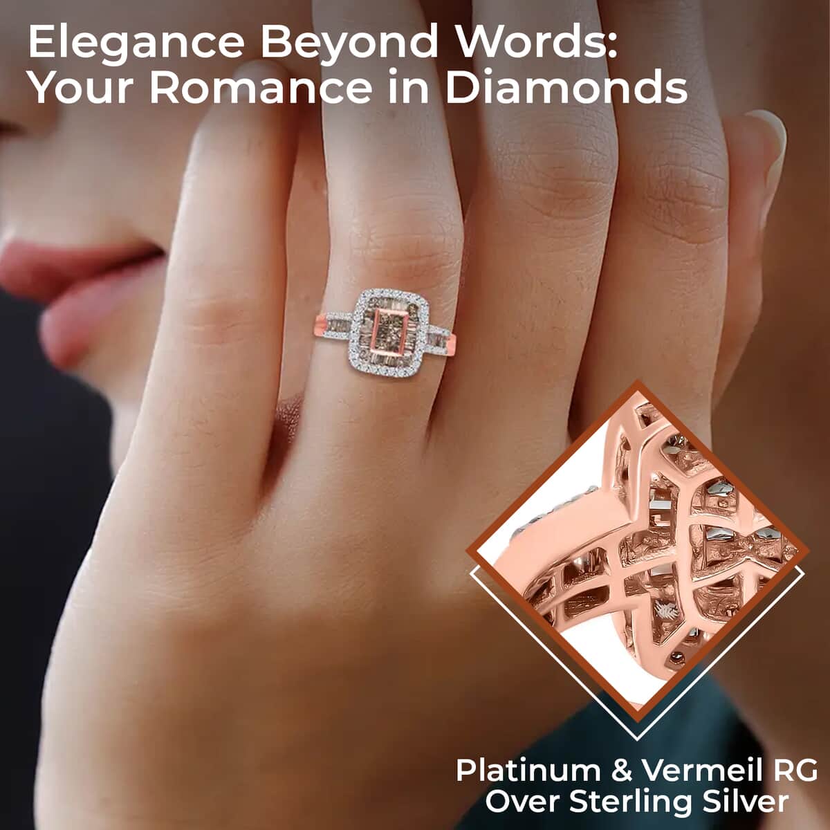 Natural Champagne and White Diamond 1.00 ctw Ring in Platinum & Vermeil Rose Gold Over Sterling Silver (Size 7.0) image number 2