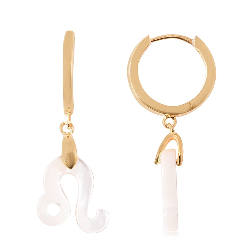 White Mother Of Pearl Leo Zodiac Hoop Earring in 14K YG Over Sterling Silver