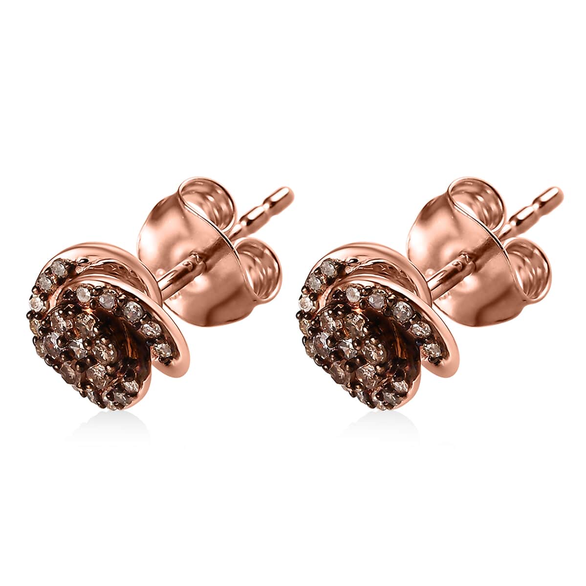 Natural Champagne Diamond 0.25 ctw Knotted Stud Earrings in Rhodium and Vermeil Rose Gold Over Sterling Silver image number 3