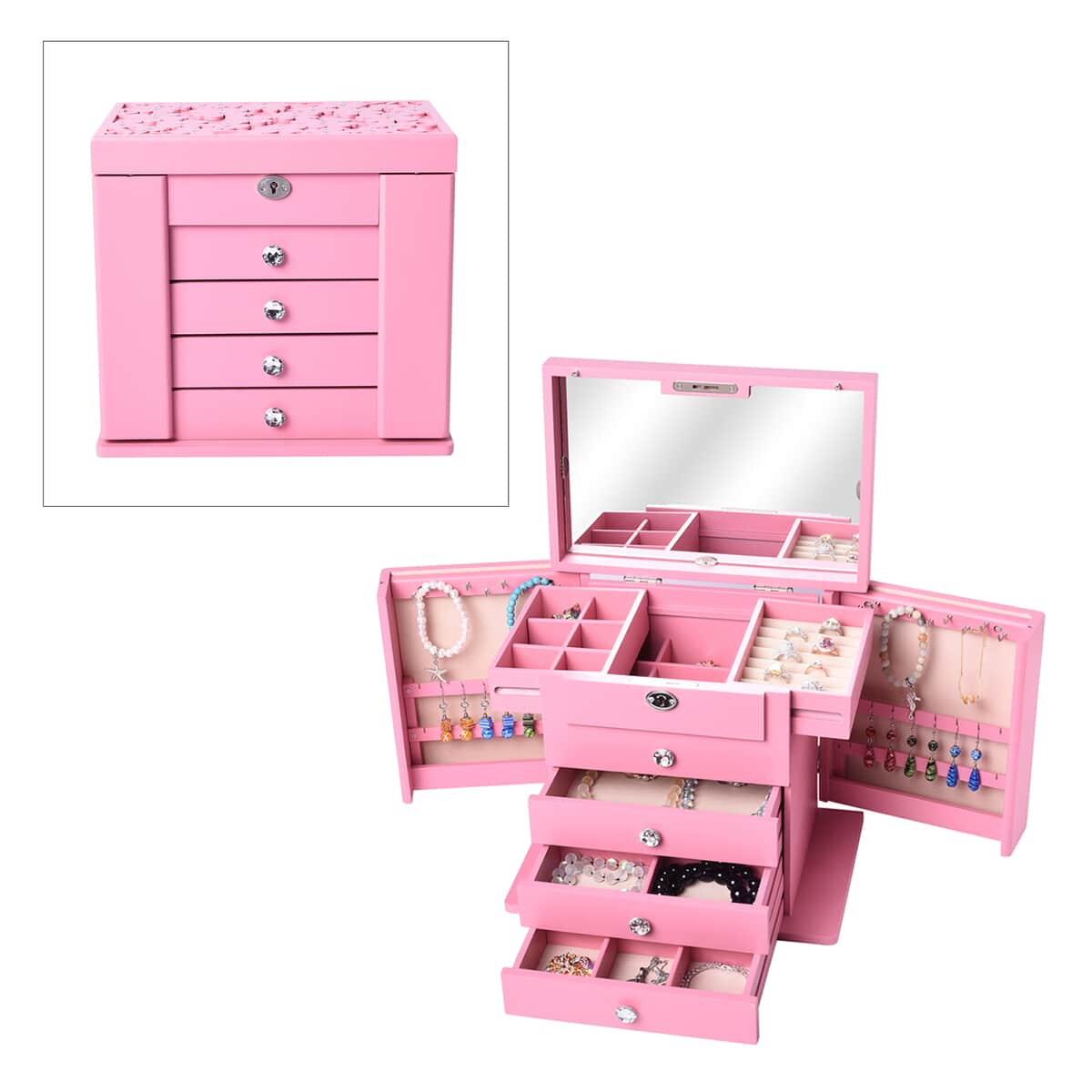 Pink Wooden Carved Flower with Crystal 5 Tier Jewelry Box with Large Mirror and Key Lock image number 0