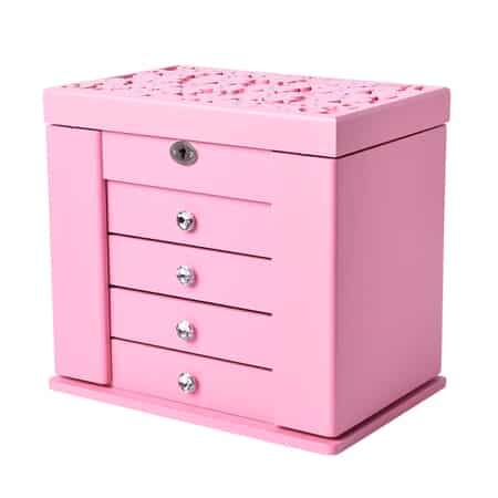 Pink Wooden Carved Flower with Crystal 5 Tier Jewelry Box with Large Mirror and Key Lock image number 1