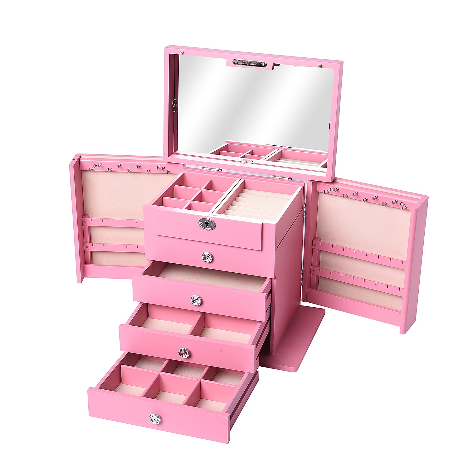 Pink Wooden Carved Flower with Crystal 5 Tier Jewelry Box with Large Mirror and Key Lock