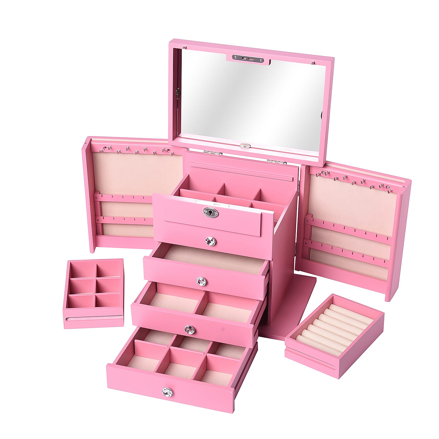 Pink Wooden Carved Flower with Crystal 5 Tier Jewelry Box with Large Mirror and Key Lock