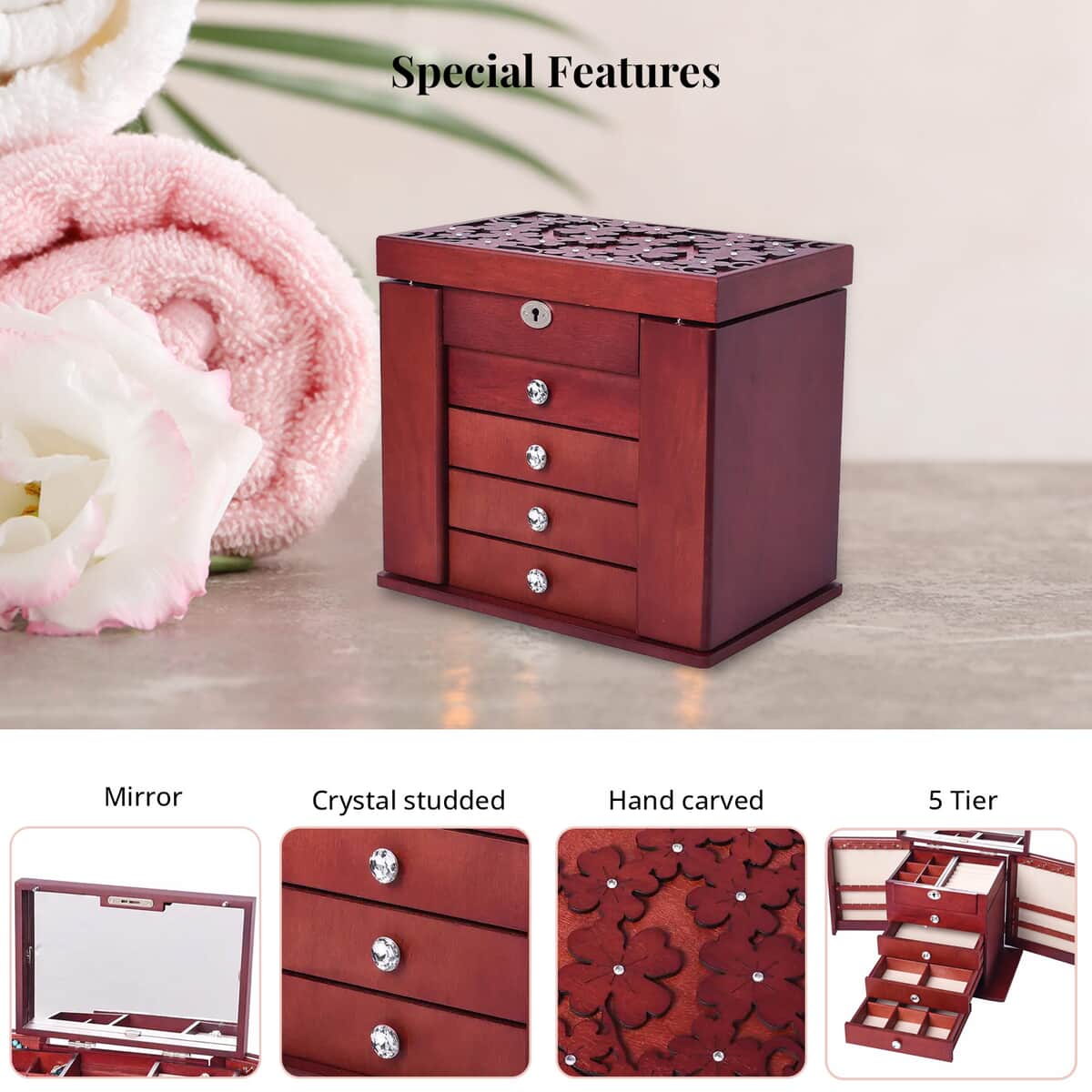 Burgundy Wooden Carved Flower with Crystal 5 Tier Jewelry Box with Large Mirror and Key Lock image number 1