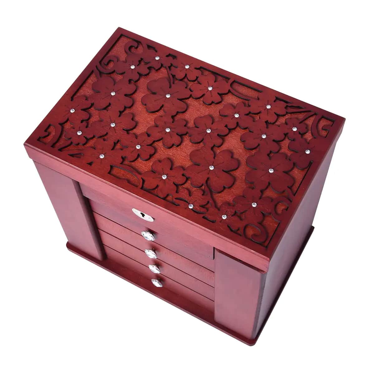 Burgundy Wooden Carved Flower with Crystal 5 Tier Jewelry Box with Large Mirror and Key Lock image number 5