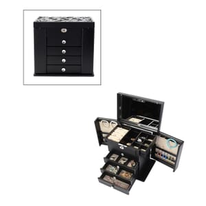 Black Wooden Carved Flower with Crystal 5 Tier Jewelry Box with Large Mirror and Key Lock