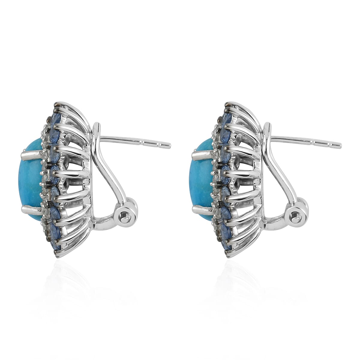 14K White Gold Sleeping Beauty Turquoise, Tanzanite, Diamond Earrings 9.10 ctw
