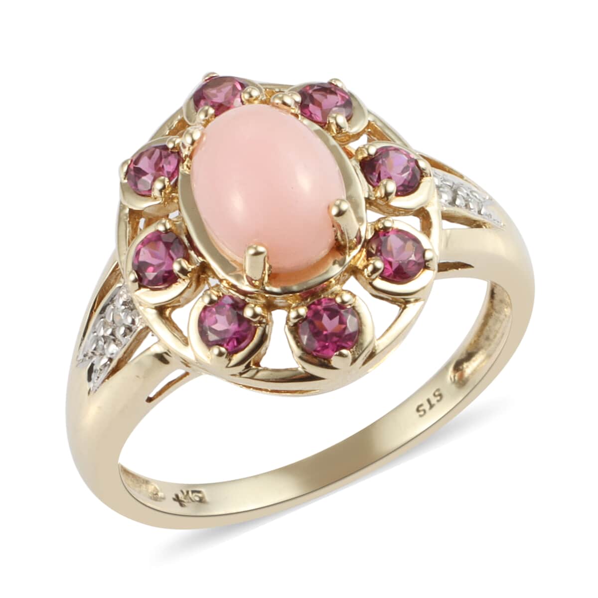 10K Yellow Gold Peruvian Pink Opal, Orissa Rhodolite Garnet Accent Diamond Ring (Size 7.5) 1.30 ctw image number 0