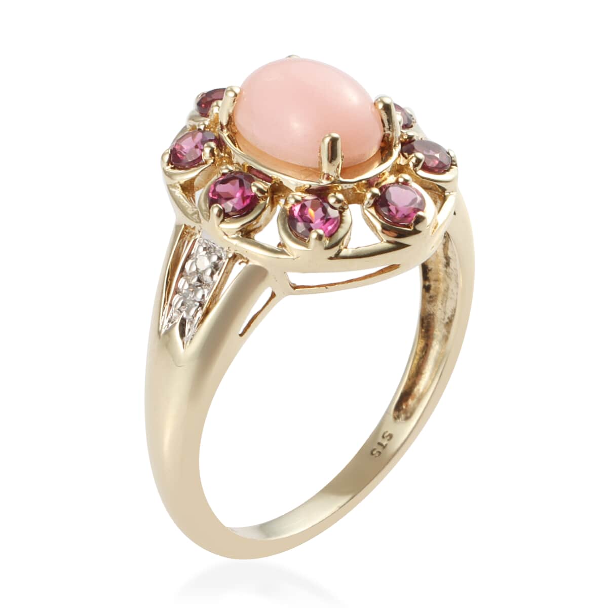 10K Yellow Gold Peruvian Pink Opal, Orissa Rhodolite Garnet Accent Diamond Ring (Size 7.5) 1.30 ctw image number 1