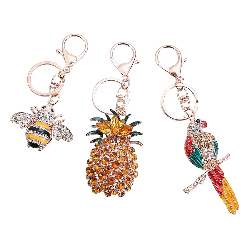Set of 3 Multi Color Austrian Crystal, Enameled Parrot, Pineapple and Bee Keychain in Rosetone