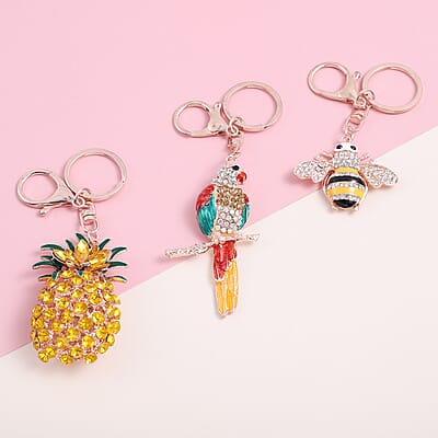 Set of 3 Multi Color Austrian Crystal, Enameled Parrot, Pineapple and Bee Keychain in Rosetone