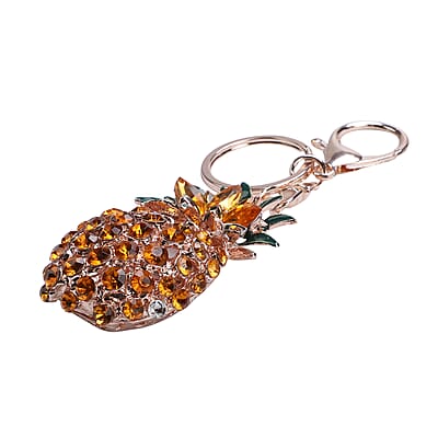 Set of 3 Multi Color Austrian Crystal, Enameled Parrot, Pineapple and Bee Keychain in Rosetone