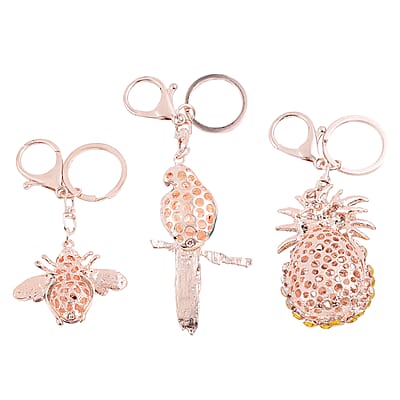 Set of 3 Multi Color Austrian Crystal, Enameled Parrot, Pineapple and Bee Keychain in Rosetone