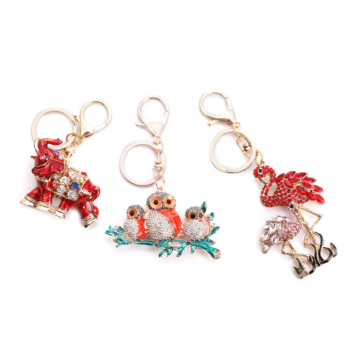 Set of 3 Multi Color Austrian Crystal, Enameled Flamingo, Elephant and Owl Keychain in Rosetone image number 0