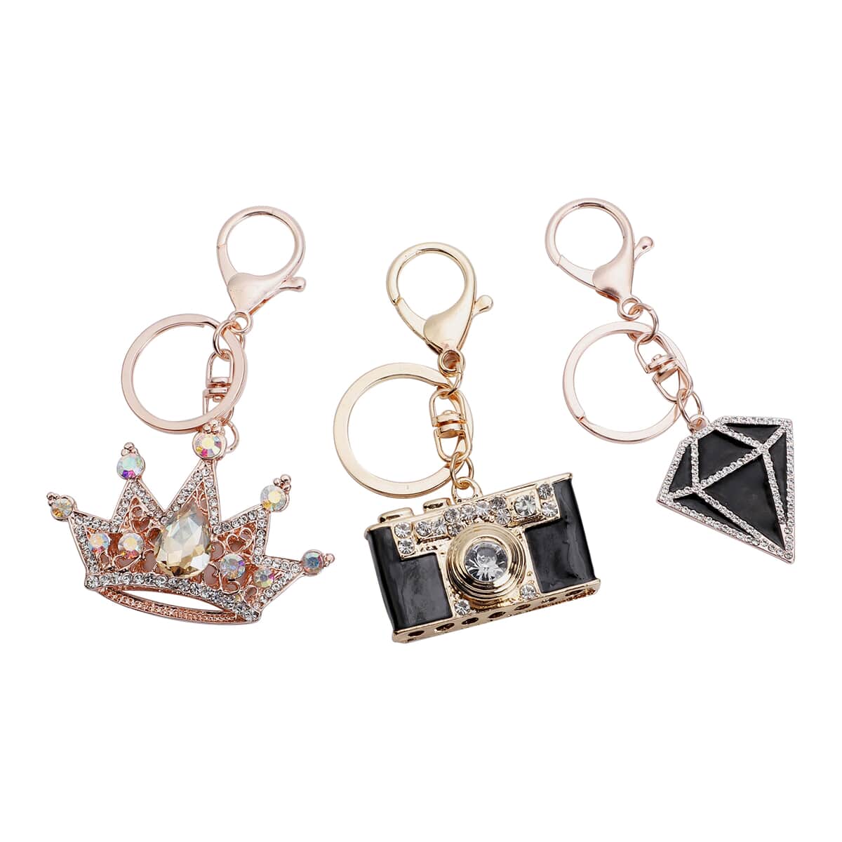 Set of 3 Multi Color Austrian Crystal, Enameled Diamond Shape, Camera and Crown Keychain in Rosetone image number 0