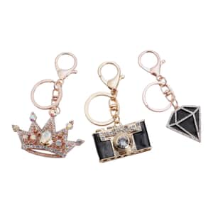 Set of 3 Multi Color Austrian Crystal, Enameled Diamond Shape, Camera and Crown Keychain in Rosetone